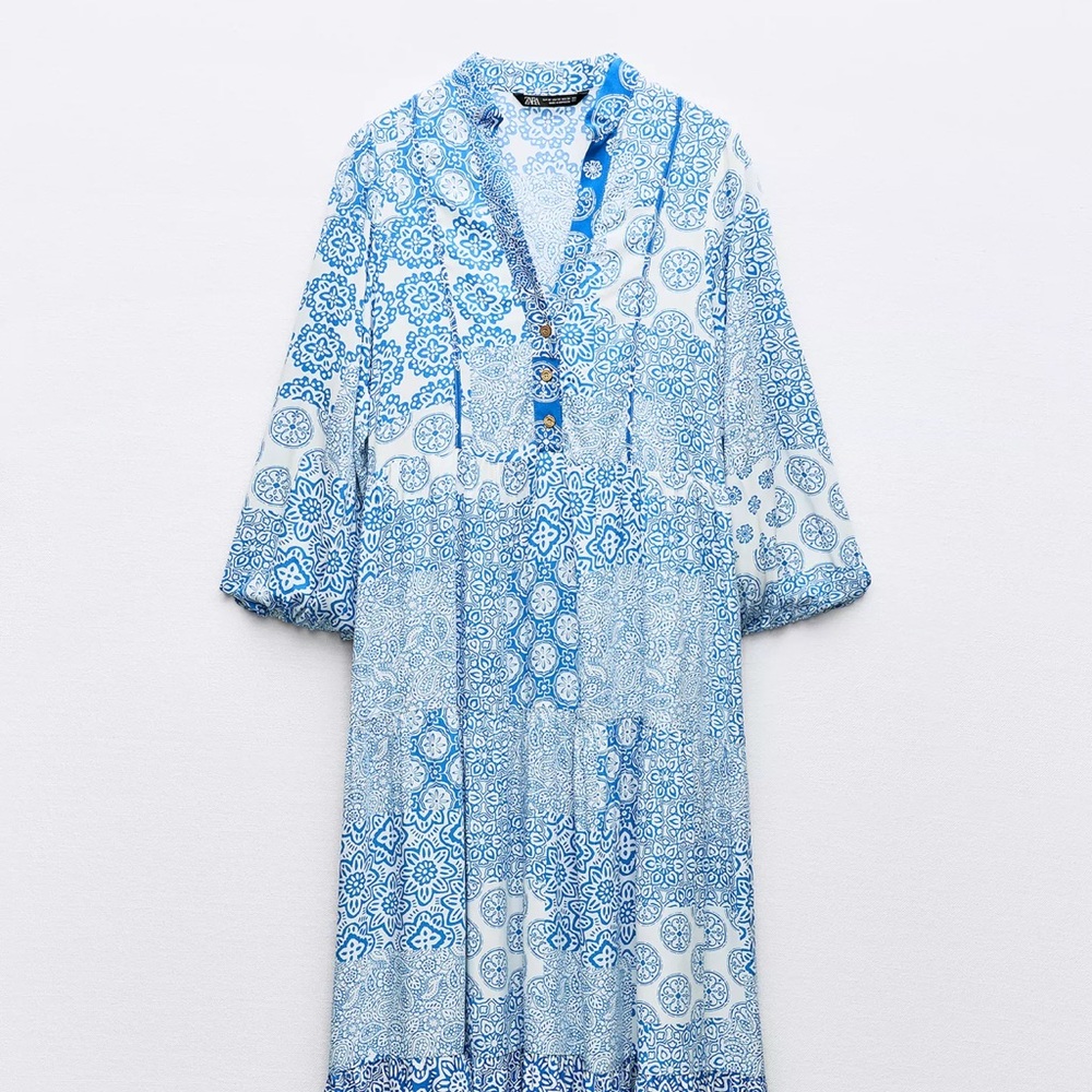 Zara Blue and White Patterned Long Dress